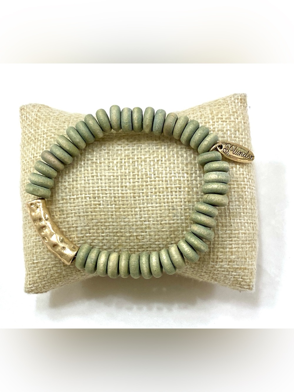Plunder Design Sage Green Wooden Disc Bead Stretch Bracelet Hammered Gold Tube